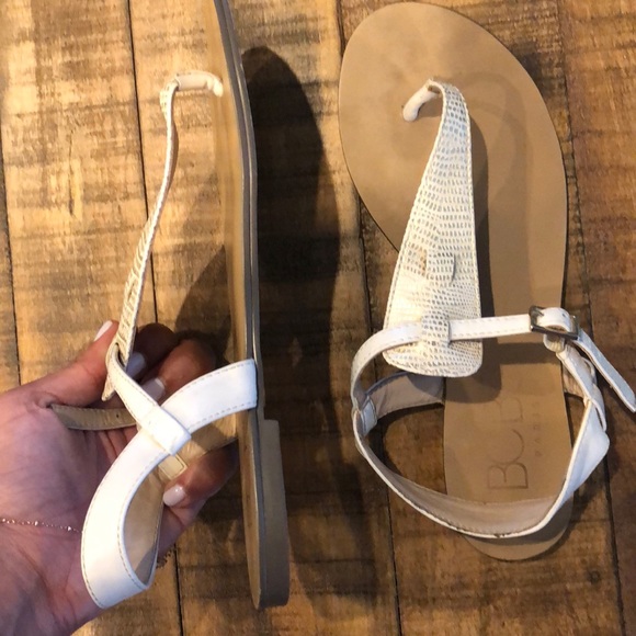 BCBG Strappy White and Gold Snake Print Sandals - Picture 2 of 3